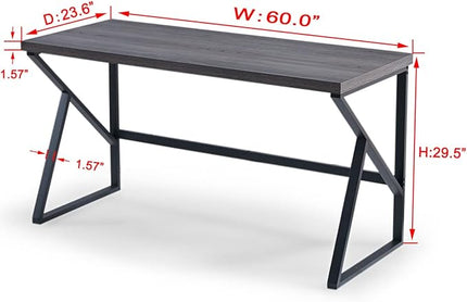 HSH Large Rustic Grey Computer Desk, Metal and Wood Home Office Desk, Industrial Vintage Soho Study Writing Table, Big Long PC Desk Workstation for Livingroom Bedroom, Dark Gray Oak, 60 Inch Wide - LeafyLoom
