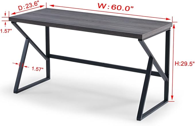 HSH Large Rustic Grey Computer Desk, Metal and Wood Home Office Desk, Industrial Vintage Soho Study Writing Table, Big Long PC Desk Workstation for Livingroom Bedroom, Dark Gray Oak, 60 Inch Wide - LeafyLoom