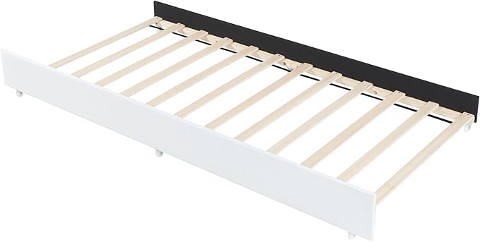 Queen Size Linen Upholstery Platform 2 Storage Drawers and Trundle,Solid Pine Wood Bedroom Bed Frame w/Headboard & Slat Support,for Kids Teens Adults,White - LeafyLoom