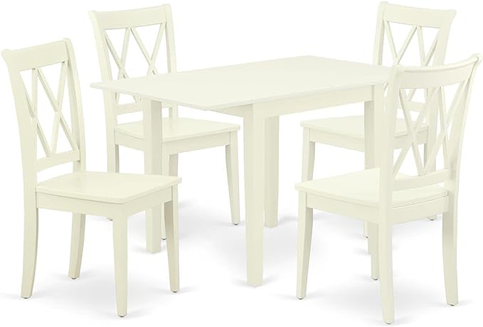 East West Furniture NDCL5-LWH-W Norden 5 Piece Set Includes a Rectangle Dining Room Table with Dropleaf and 4 Kitchen Chairs, 30x48 Inch, Linen White - LeafyLoom