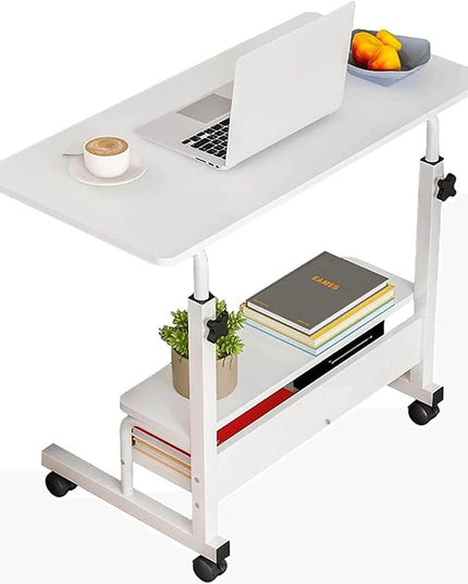 Adjustable Height Mobile Computer Desk for Small Space Rolling Writing with Wheels Corner Home Office Study Portable Bedrooms Work Size 31.5x15.7 Inch Storage Gaming Table, White - LeafyLoom