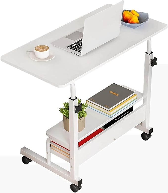 Adjustable Height Mobile Computer Desk for Small Space Rolling Writing with Wheels Corner Home Office Study Portable Bedrooms Work Size 31.5x15.7 Inch Storage Gaming Table, White - LeafyLoom