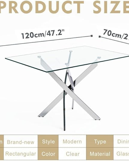 Tempered Glass Dining Table with Chromed Legs, 47in Rectangular Kitchen Table for Kitchen Dining Room Home Office (47.24 * 27.55, White/Silver) - LeafyLoom