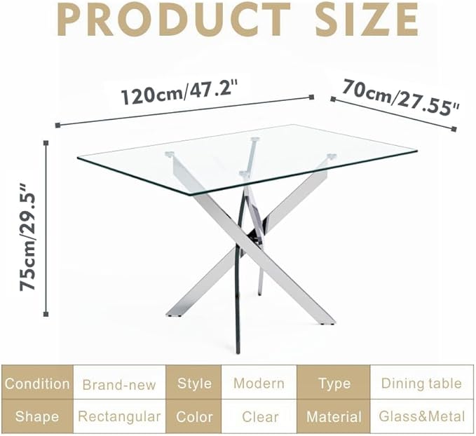 Tempered Glass Dining Table with Chromed Legs, 47in Rectangular Kitchen Table for Kitchen Dining Room Home Office (47.24 * 27.55, White/Silver) - LeafyLoom