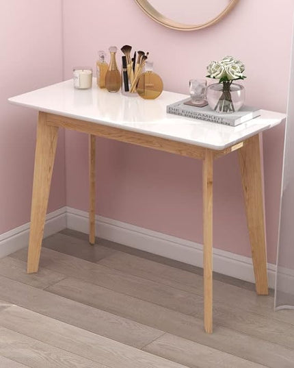 TaoHFE White Vanity Desk with Solid Rubber Wood Legs Glossy White 39 Inch Vanity Table Computer Desk for Home Small Spaces Girl Makeup Desk Modern Vanity Desk No Mirror Dressing Table for Bedroom - LeafyLoom