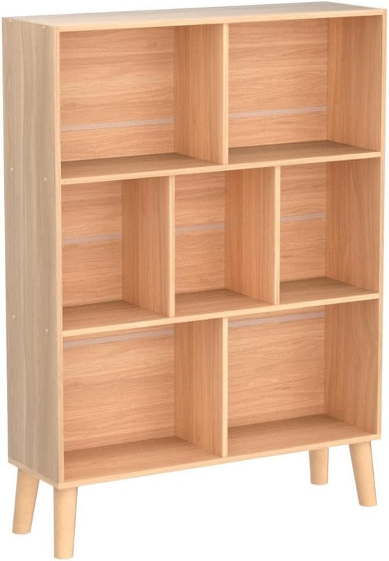 LEYAOYAO Wooden 7 Cube Book Shelf, Natural 3 Tier Bookshelf with Legs, Modern Open Storage Organizer,Boho Bookcase,Display Cabinet Shelf Free Standing Bookshelves for Bedroom,Living Room,Office - LeafyLoom