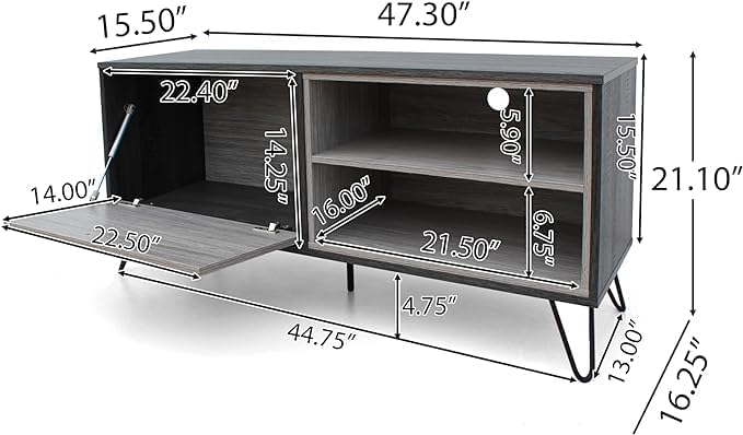 48 Inch Classic Wood TV Stand, Modern Entertainment Center Console Table, Metal Base with 1 Open and 2 Closed Storage Space for Livingroom Bedroom, Gray - LeafyLoom
