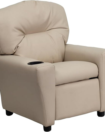 Flash Furniture Chandler Vinyl Kids Recliner with Cup Holder and Safety Recline, Contemporary Reclining Chair for Kids, Supports up to 90 lbs., Beige - LeafyLoom
