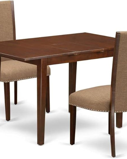 East West Furniture Norfolk 3 Piece Kitchen Set Contains a Rectangle Dining Room Table with Butterfly Leaf and 2 Light Sable Linen Fabric Parson Chairs, 32x54 Inch, NFVE3-MAH-47 - LeafyLoom