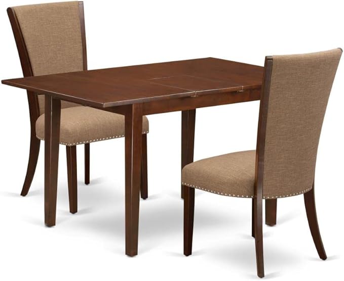 East West Furniture Norfolk 3 Piece Kitchen Set Contains a Rectangle Dining Room Table with Butterfly Leaf and 2 Light Sable Linen Fabric Parson Chairs, 32x54 Inch, NFVE3-MAH-47 - LeafyLoom