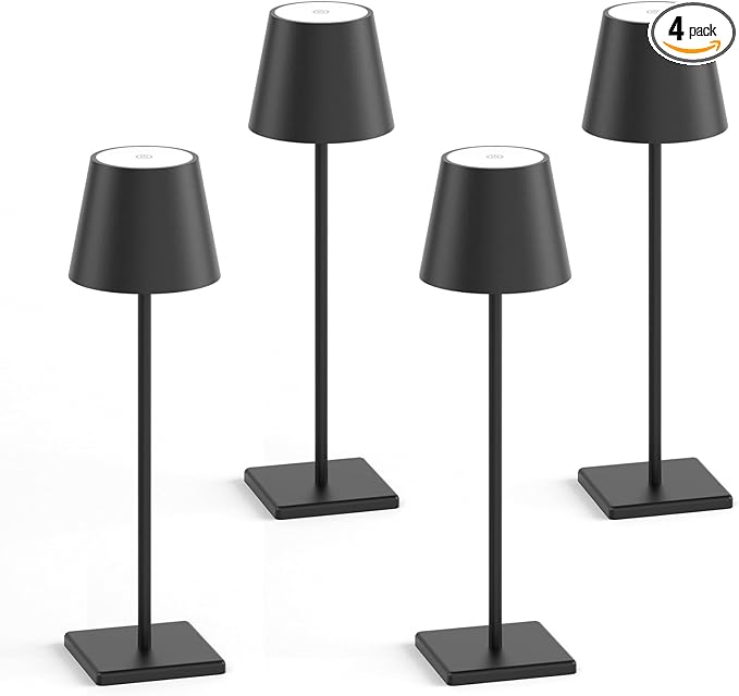 4-Pack LED Cordless Table Lamp, Rechargeable Battery Desk lamp 3W 6000mAh Battery Operated Stepless Dimming Modern Portable Table Light for Restaurant/Dinner/Bedroom/Outdoor IP54 Waterproof (Black) - LeafyLoom