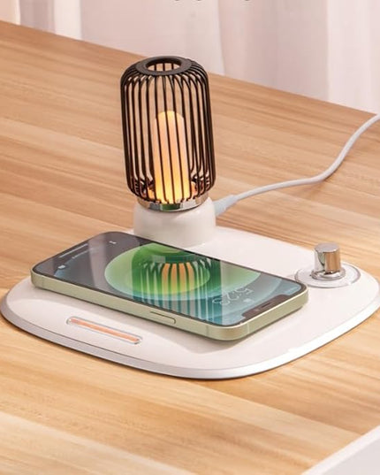 Bedside Desk Table Lamp LED with Wireless Charger Night Sleep Light Mode Dimmable Control Rotary Switch Rustic Simple Rotary Switch Metal Lamps cage QI Fast Charging Pad (White) - LeafyLoom