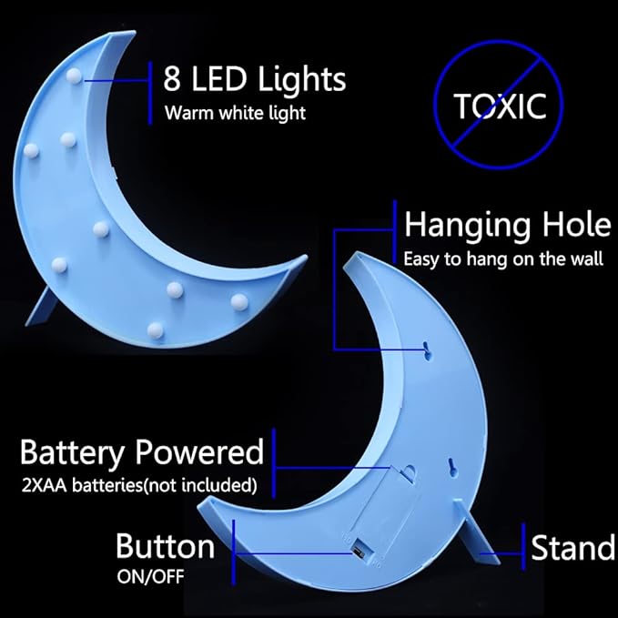 LED Moon Shaped Marquee Signs, Light Up Moon Night Lights Battery Operated Crescent Moon Lamp for Bedroom, Christmas, Birthday Party Decor-Moon(Blue) - LeafyLoom