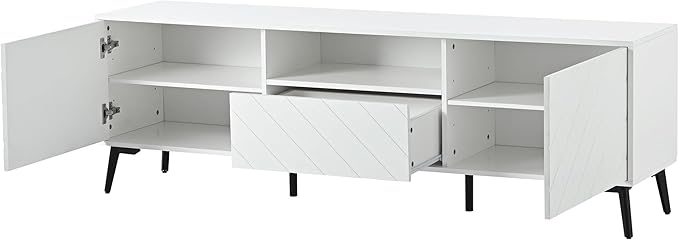Merax Modern TV Stand for 70" Television, Entertainment Center with Adjustable Shelves, 1 Drawer, Open Shelf and Metal Feet, Media Console Table, for Living Room, 66.9 inch Length, White - LeafyLoom