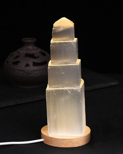 JIC Gem USB Selenite Tower Lamp Natural Selenite Skyscraper Healing Crystal Lamp 6 Inch with Wooden Light Stand Base - LeafyLoom