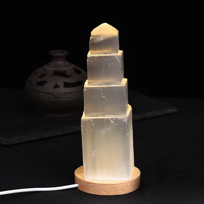 JIC Gem USB Selenite Tower Lamp Natural Selenite Skyscraper Healing Crystal Lamp 6 Inch with Wooden Light Stand Base - LeafyLoom