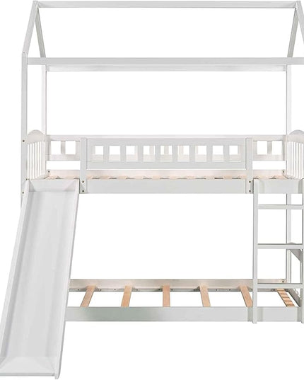 Twin Over Twin Bunk Bed with Slide for Kids Bedroom,Solid Pinewood Bedframe,House Bunkbeds w/Safety Guardrails & Roof Design,No Box Spring Needed, White - LeafyLoom