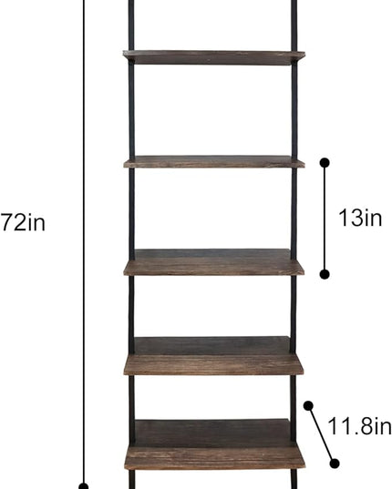 5 Tiers Ladder Shelf Brown Modern Bookshelf Open Tall Wall Mount Bookcase Standing Leaning Wall Shelves Industrial Decorative Living Room Bed Room - LeafyLoom