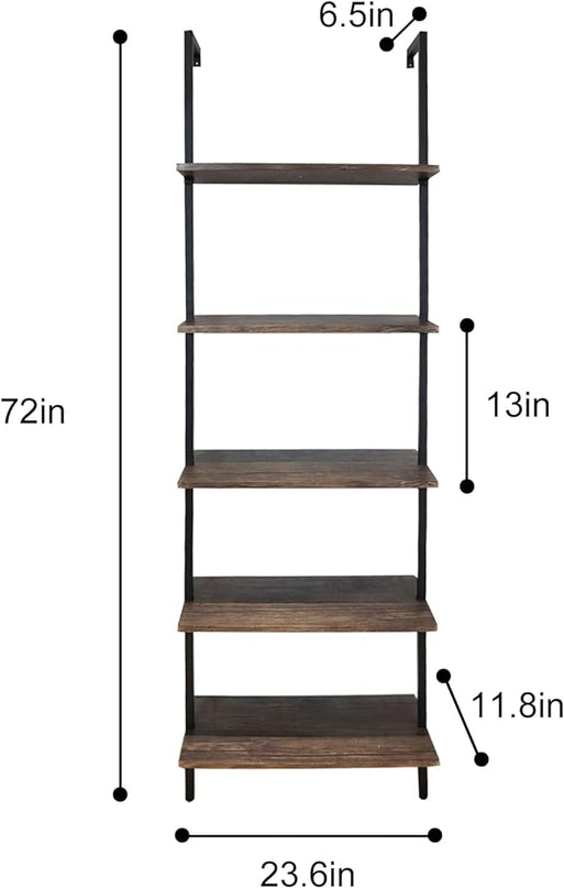5 Tiers Ladder Shelf Brown Modern Bookshelf Open Tall Wall Mount Bookcase Standing Leaning Wall Shelves Industrial Decorative Living Room Bed Room - LeafyLoom