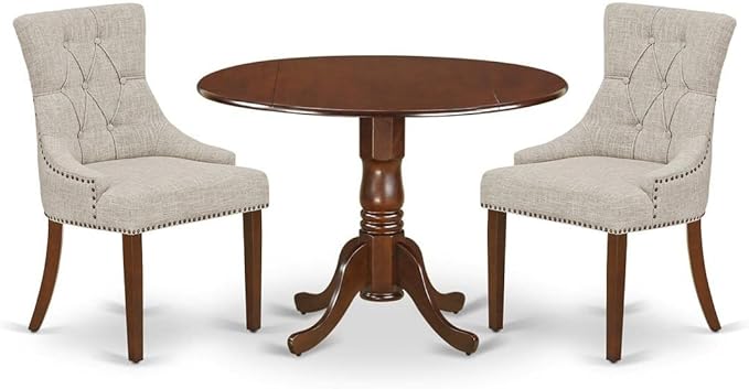 East West Furniture Dublin 3 Piece Dinette Set for Small Spaces Contains a Round Dining Table with Dropleaf and 2 Doeskin Linen Fabric Upholstered Chairs, 42x42 Inch, DLFR3-MAH-05 - LeafyLoom