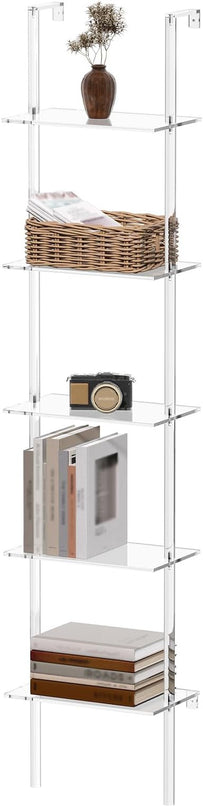 Small Acrylic Ladder Bookshelf, 9.5" D x 15.6" W, 5-Tier Clear Wall Mounted Book Shelf for Small Spaces, Multipurpose Bookcase for Living Room, Bathroom, Office, Modern, 73" H - LeafyLoom