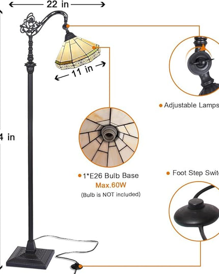 Capulina Tiffany Floor Lamp Antique Cream Style Stained Glass Soft Light Arched Gooseneck Adjustable Angle Reading Standing Lamp for Living Room Bedroom Home Office - LeafyLoom