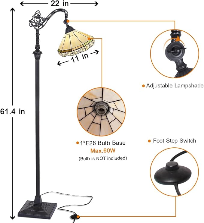 Capulina Tiffany Floor Lamp Antique Cream Style Stained Glass Soft Light Arched Gooseneck Adjustable Angle Reading Standing Lamp for Living Room Bedroom Home Office - LeafyLoom