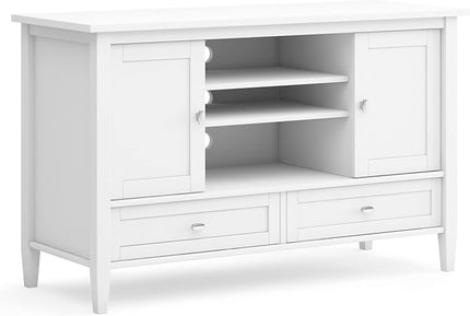 SIMPLIHOME Warm Shaker SOLID WOOD Universal TV Media Stand, 47 inch Wide, Transitional, Living Room Entertainment Center, Storage Cabinet, for Flat Screen TVs up to 55 inches in White - LeafyLoom