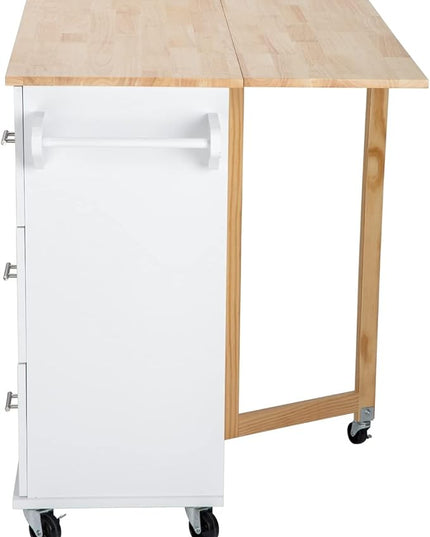 Mobile Kitchen Island with Extensible Rubber Wood Table Top,Adjustable Shelf Inside, Cabinets Cart w/ 3 Storage Drawers,Spice Towel-Rack,for Dining Room Bar,White, 53.93" L x 17" W x 36.22" H - LeafyLoom