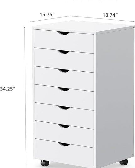 OLIXIS 7 Drawer Chest Wood File Cabinet Rolling Organization Storage Dresser with Wheels for Home Office, 15.75" D x 18.74" W x 34.25" H, White - LeafyLoom