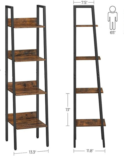 VASAGLE Bookshelf, 4-Tier Narrow Bookcase, Ladder Shelf for Home Office, Living Room, Bedroom, Kitchen, Rustic Brown and Ink Black ULLS108B01 - LeafyLoom