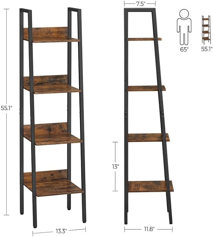 VASAGLE Bookshelf, 4-Tier Narrow Bookcase, Ladder Shelf for Home Office, Living Room, Bedroom, Kitchen, Rustic Brown and Ink Black ULLS108B01 - LeafyLoom