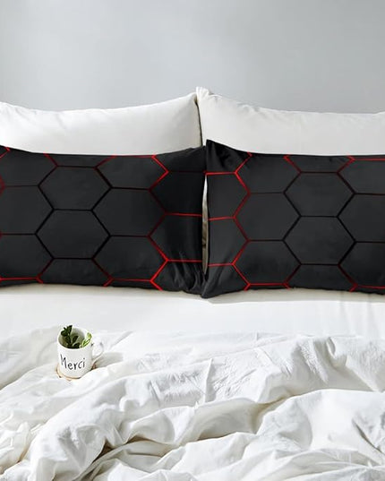 Honeycomb Bedding Set Honeycomb Modern Geometry Hexagon Theme Comforter Set for Kids Boys Children Geometrical Comforter Ultra Soft Beehive Black Red Decor Duvet Set Twin Size - LeafyLoom