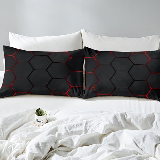 Honeycomb Bedding Set Honeycomb Modern Geometry Hexagon Theme Comforter Set for Kids Boys Children Geometrical Comforter Ultra Soft Beehive Black Red Decor Duvet Set Twin Size - LeafyLoom