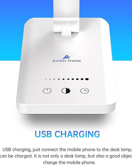 Ambertronix LED Desk Lamp with USB Charging Port, Dimmable Eye-Caring Reading Desk Light for Home, with 5 Brightness Level & 3 Lighting Modes, Touch Control, Auto Timer (White) - LeafyLoom