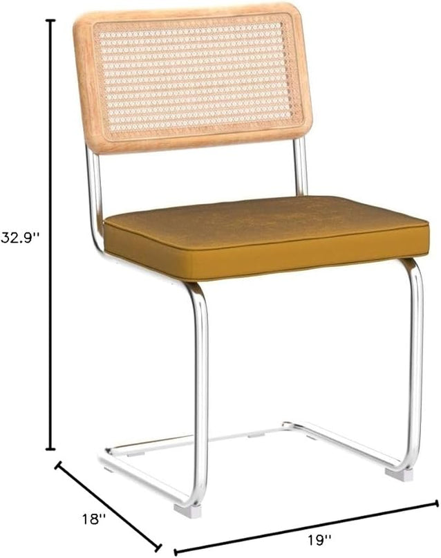 Zesthouse Rattan Dining Chairs 4pcs, Velvet Accent Chairs with Natural Cane Back & Stainless Chrome Base, Modern Mid Century Breuer Designed Chairs, Upholstered Kitchen Dining Room Chairs - LeafyLoom