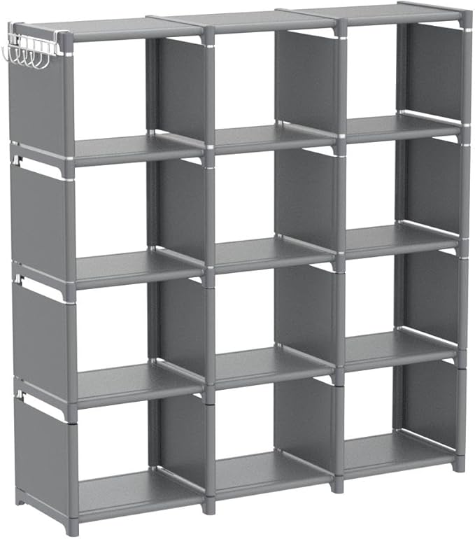 Mavivegue Book Shelf, 12 Cube Storage Organizer, DIY Bookcase, Metal Cube Bookshelf,Tall Book case for Bedroom, Living Room,Office,Closet Storage Organizer, Grey Cubicle Storage Rack - LeafyLoom
