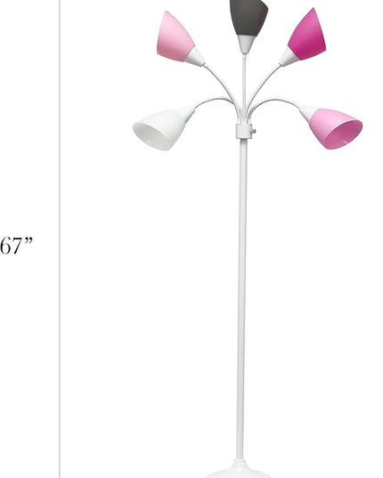 Simple Designs LF2006-WPG 67" Contemporary Multi Head Medusa 5 Light Adjustable Gooseneck White Floor Lamp with Pink, White, Gray Shades for Kids Bedroom Playroom Living Room Office, 30 x 10 x 67 - LeafyLoom