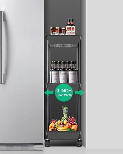 Sooyee 4 Tier Wide Storage Cart Mobile Shelving Unit Organizer Slide Out Storage Rolling Utility Cart Tower Rack for Kitchen Bathroom Laundry, Plastic & Stainless Steel,Black - LeafyLoom