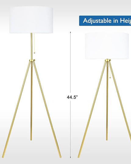 O’Bright Tripod Floor Lamp, Adjustable in Height, 100% Metal Body with Linen Drum Shade, E26 Socket, Bedside Lamp, Standing Light for Living Room, Bedroom, Office, Antique Brass - LeafyLoom
