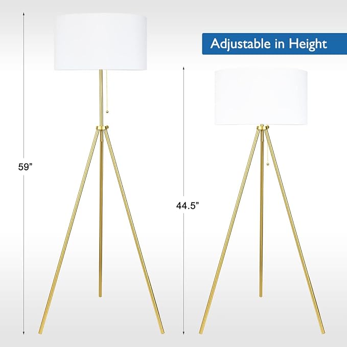 O’Bright Tripod Floor Lamp, Adjustable in Height, 100% Metal Body with Linen Drum Shade, E26 Socket, Bedside Lamp, Standing Light for Living Room, Bedroom, Office, Antique Brass - LeafyLoom