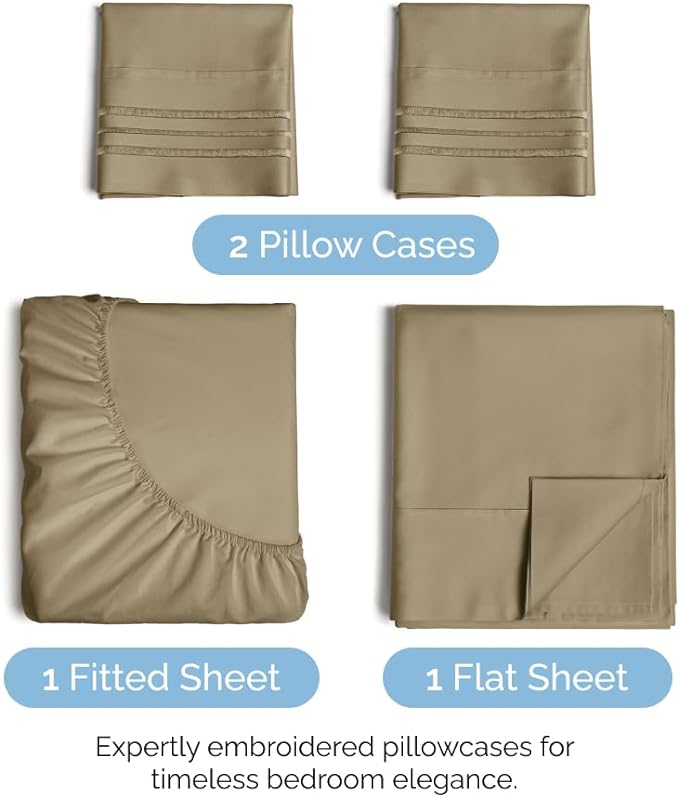 Full Size 4 Piece Sheet Set - Comfy Breathable & Cooling Sheets - Hotel Luxury Bed Sheets for Women & Men - Deep Pockets, Easy-Fit, Extra Soft & Wrinkle Free Sheets - Khaki Oeko-Tex Bed Sheet Set - LeafyLoom