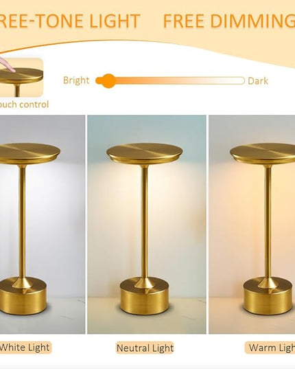 Cordless Metal Desk Lamp, Touch Sensor Control LED Table Lamp,3 Color Stepless Dimmable Battery Powered Lamp,Night Light for Kids Nursery,Bedroom/Desk/Cafe (Gold) - LeafyLoom