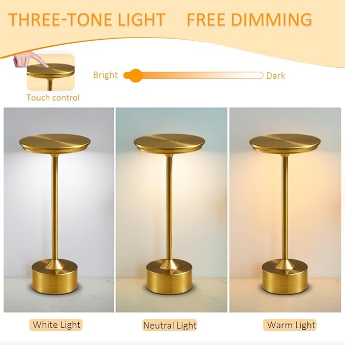Cordless Metal Desk Lamp, Touch Sensor Control LED Table Lamp,3 Color Stepless Dimmable Battery Powered Lamp,Night Light for Kids Nursery,Bedroom/Desk/Cafe (Gold) - LeafyLoom
