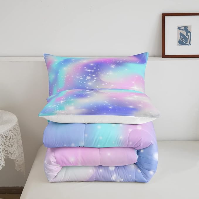 Erosebridal Ombre Comforter Rainbow Comforter Set King Tie Dye Galaxy Duvet Set Nebula Bedding Starry Sky Quilt Set Pastel Stars Glitter Bedding Set Purple Blue Bedroom Decorative Down Comforter - LeafyLoom