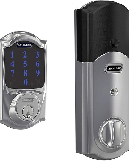 SCHLAGE BE469ZP CAM 625 Connect Smart Deadbolt With Alarm Inbuilt Camelot Trim In Bright Chrome SchlageLockCompany