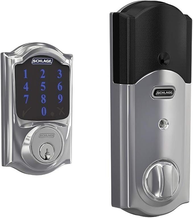 SCHLAGE BE469ZP CAM 625 Connect Smart Deadbolt With Alarm Inbuilt Camelot Trim In Bright Chrome SchlageLockCompany