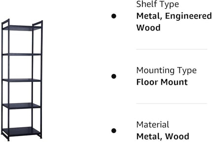 Household Essentials 5 Shelf Free Standing Book Case, Black Oak Finish - LeafyLoom