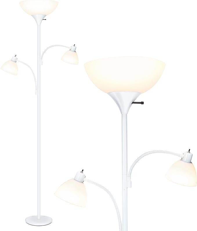 Brightech Sky Dome Double – High Brightness Torchiere Floor Lamp with 2 Reading Lights for Living Rooms, Bedrooms – Replace Halogen Standing Lamps with Efficient LED Office Lighting - Tall White Pole - LeafyLoom