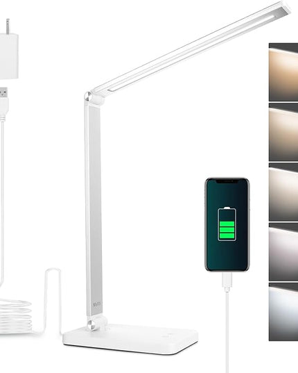 mafiti LED Desk Lamp for Home Office,Touch Desk Light 5 Light Modes 3 Brightness,Foldable Table Lamp with Adjustable Arm,Eye-Caring Lamp with USB Port, Bedside Lamp for Working Reading Study,White - LeafyLoom
